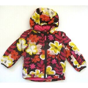 Mini Boden girl coat hooded jacket fleece lined anorak brown pink floral 1.5-2Y
